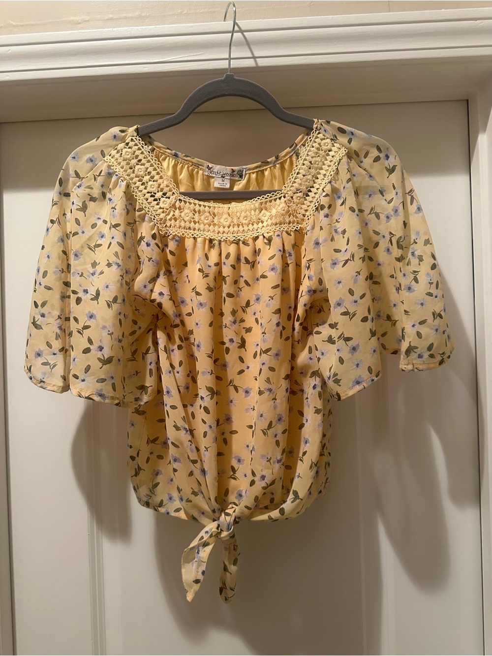 Knitworks Yellow Floral Off-Shoulder Tie-Front Blouse